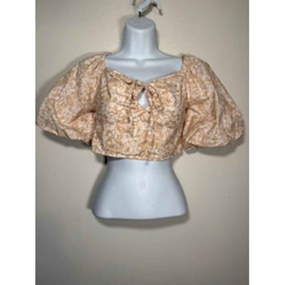 Japna Crop Top Medium Tan Floral‎ Puff Sleeve Tie Front Cottagecore Boho Blouse